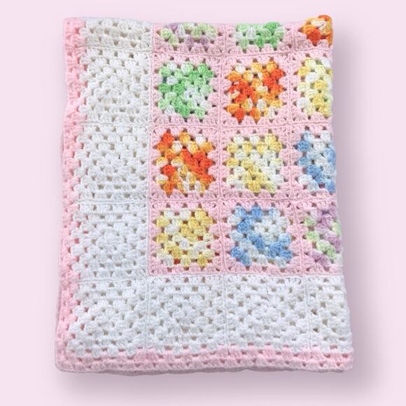 Hand Made Crocheted Pink Baby Granny Square Blanket Multi-Colored - Picture 2 of 7
